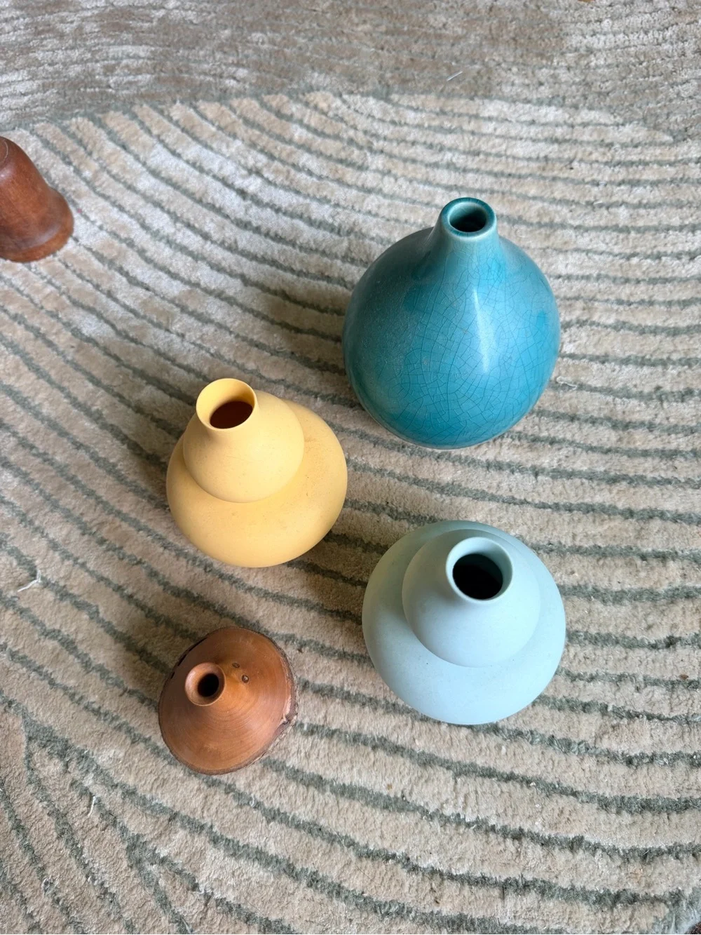 Handcrafted Decorative Bud Vases in Teal, Yellow, Mint & Wood